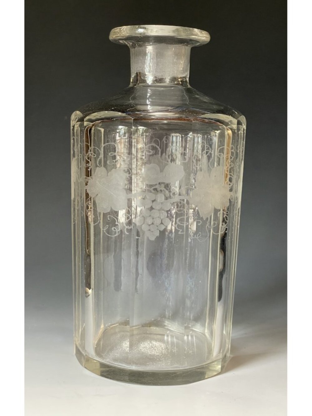 Antique 19th C. Etched Grape, Vine & Leaves Glass Decanter Bottle Victorian